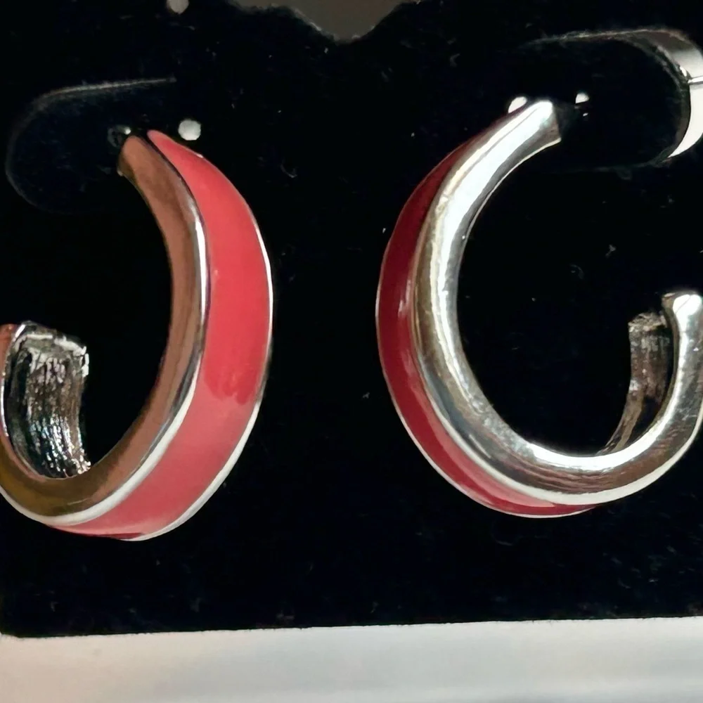 Vintage Pink Enamel Silver Hoop Earrings